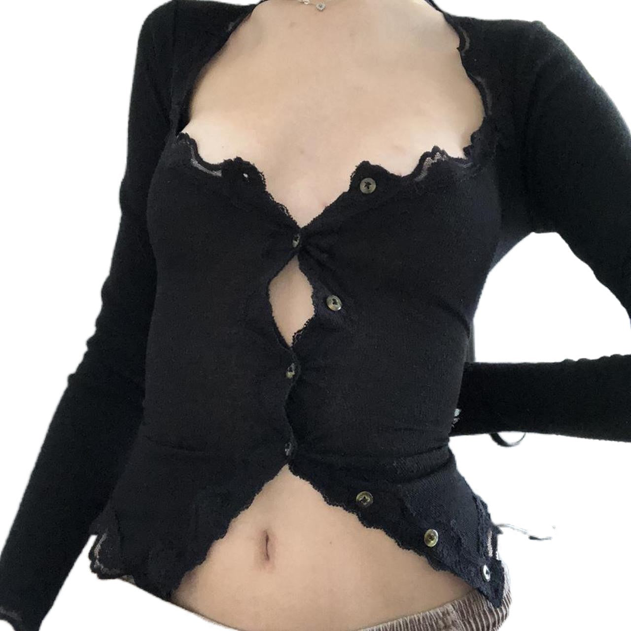 Lace Edge Bracket Collar Stretch Tight Cardigan Button Long Sleeve