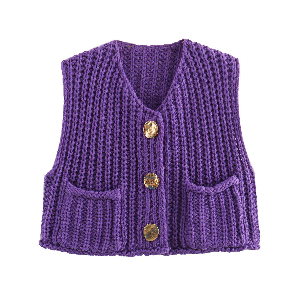 Women's Pocket Sleeveless Short Knitted Cardigan Vest Shirt