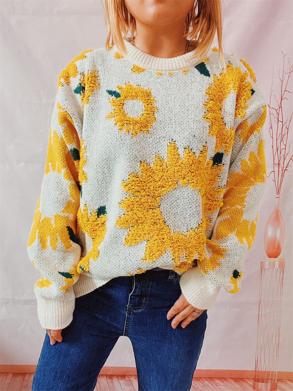 Women's Fashion Casual Sunflower Jacquard Sweater