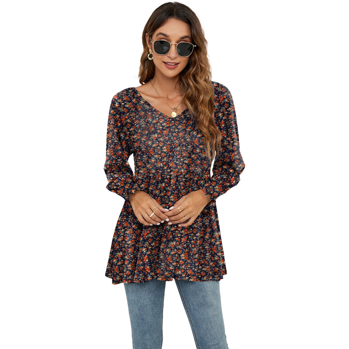 Long Puff Sleeve Tops Women Flowers Print Casual V-Neck