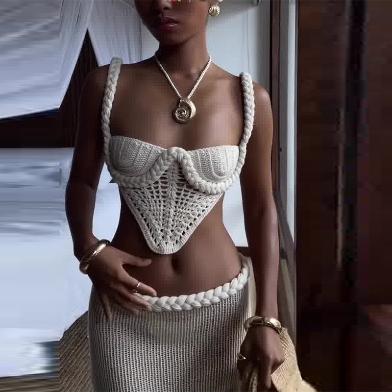 Crochet Knit 2 Piece Skirt Set Women's Square Collar