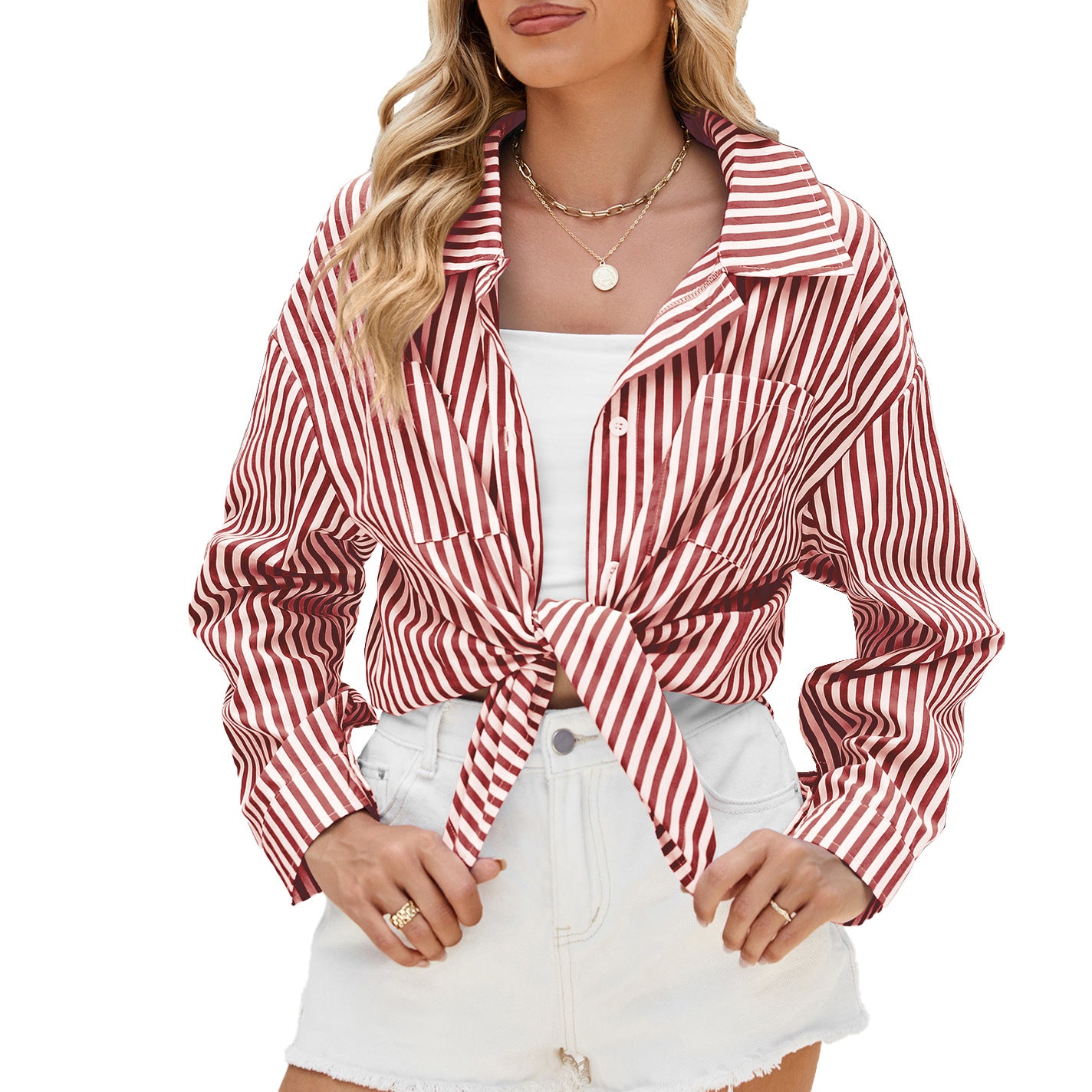 Fashion Striped Long Sleeve Shirt With Pockets Casual Loose