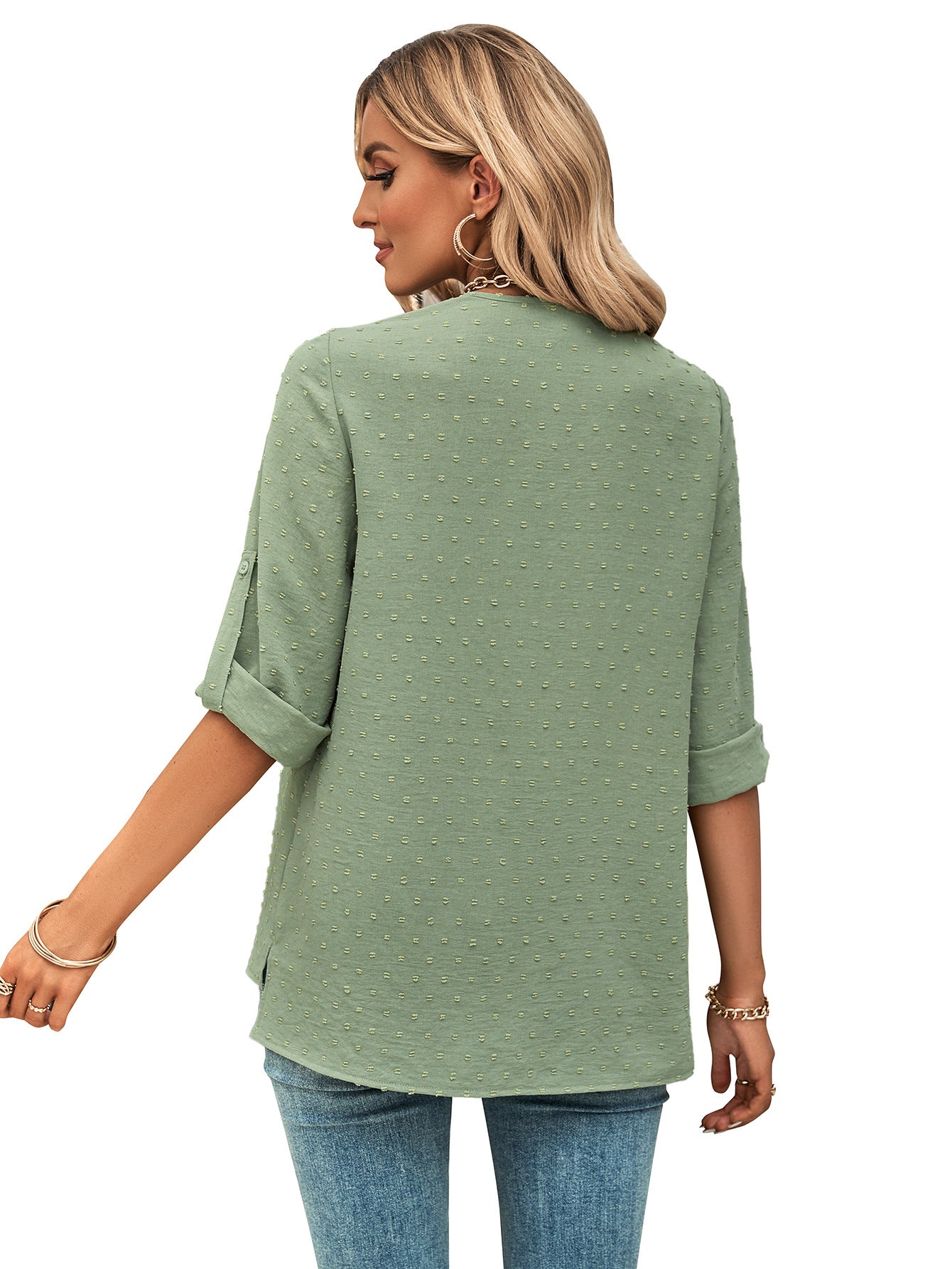 Spring And Summer Women's Clothing Fashion Solid Color Loose V-neck 34 Sleeves Top