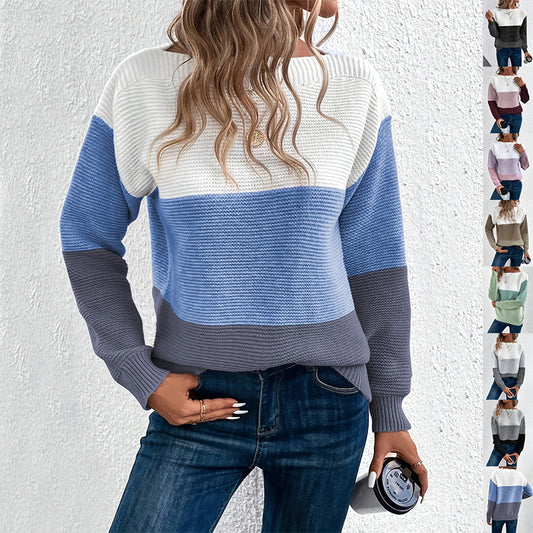 Pullover Knitted Sweater Fashion Round Neck Splicing Knitwear