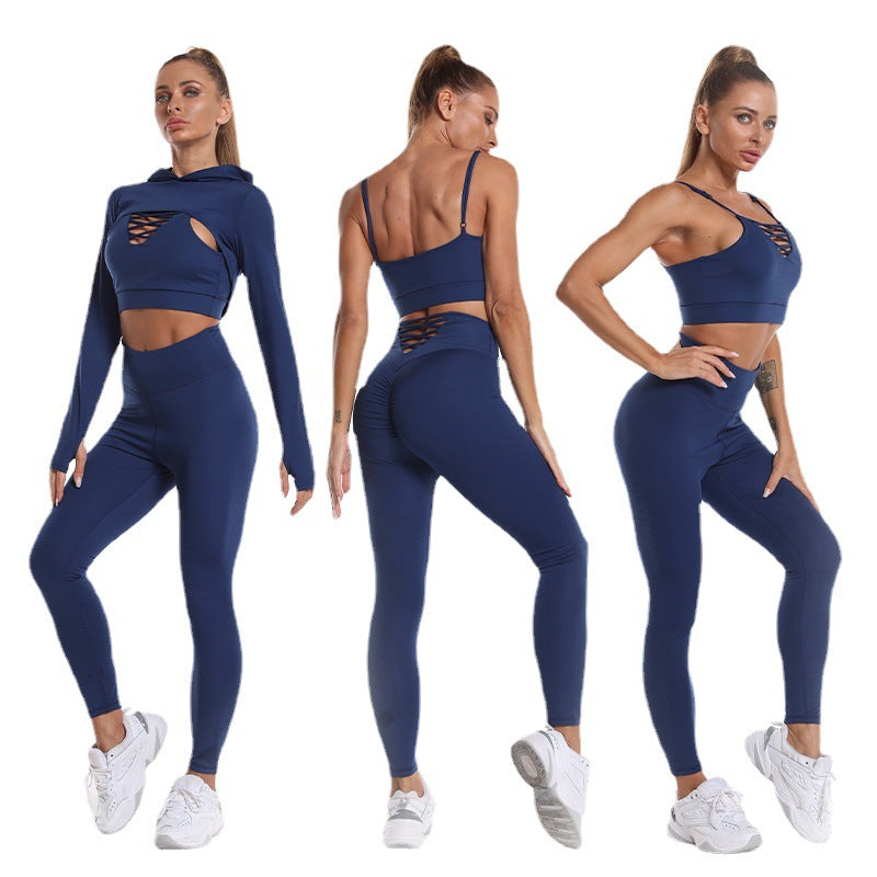 3pcs Sports Suits Long Sleeve Hooded Top Hollow Design