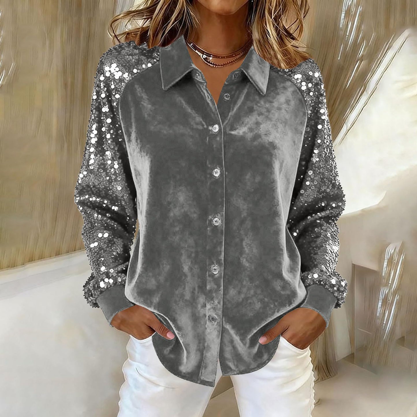 Women's Fashion Sequins Long Sleeve Blouses  Turn-down Collar