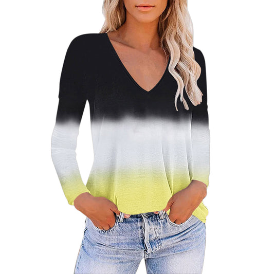 European And American Women's V-neck Gradient Print Loose T-shirt