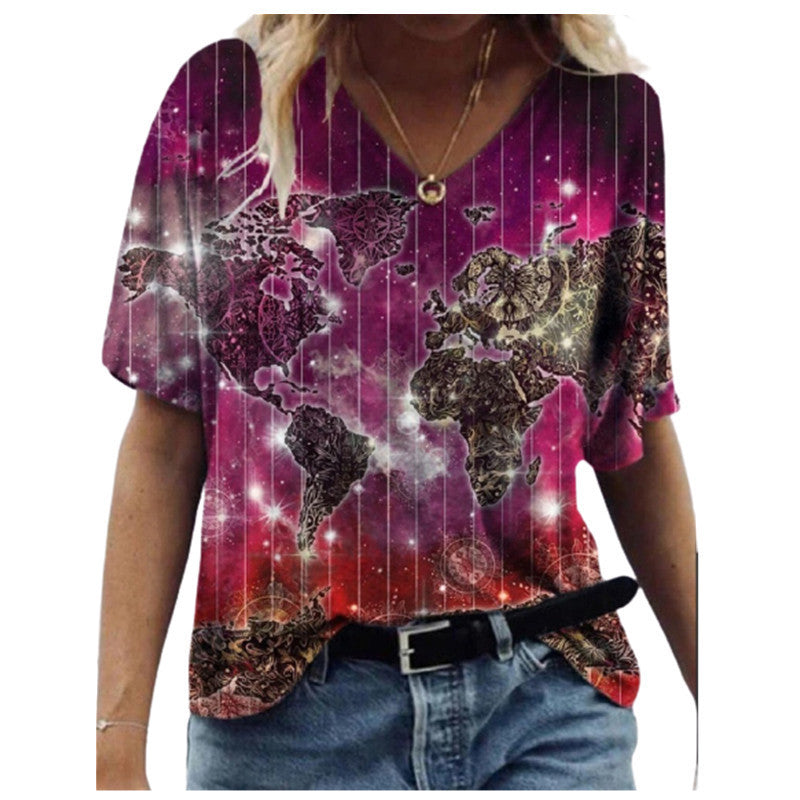 Map Print V-Neck Short-Sleeved T-Shirt