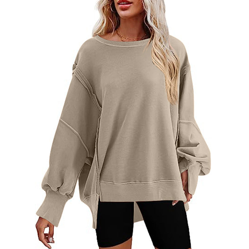 Pullover Sweatshirt Loose Round Neck Side Slit Long Sleeve