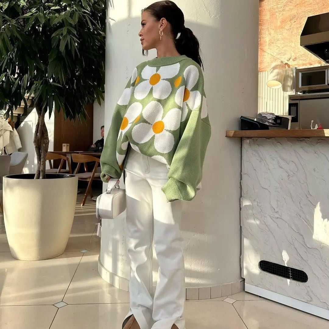 Flower Yarn-dyed Sweater Women's Round Neck Pullover