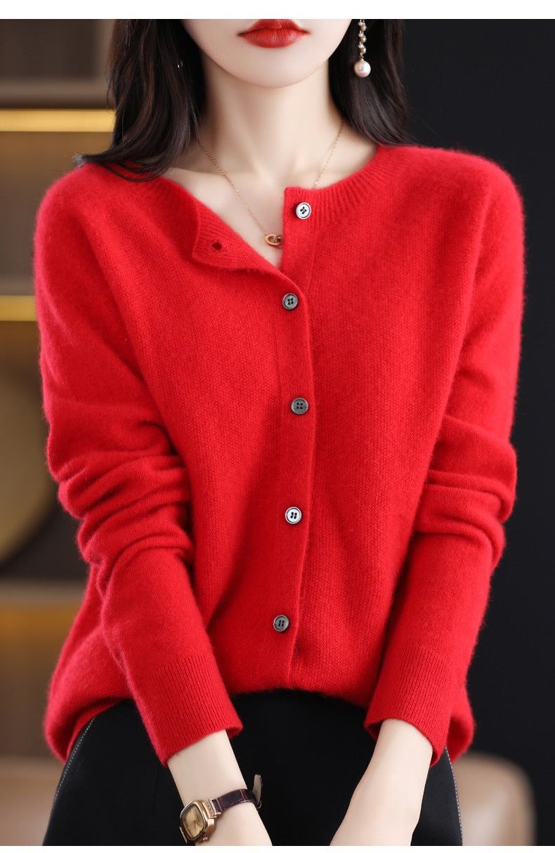 Fashion Merino Wool Cardigan Sweater Women O-Neck