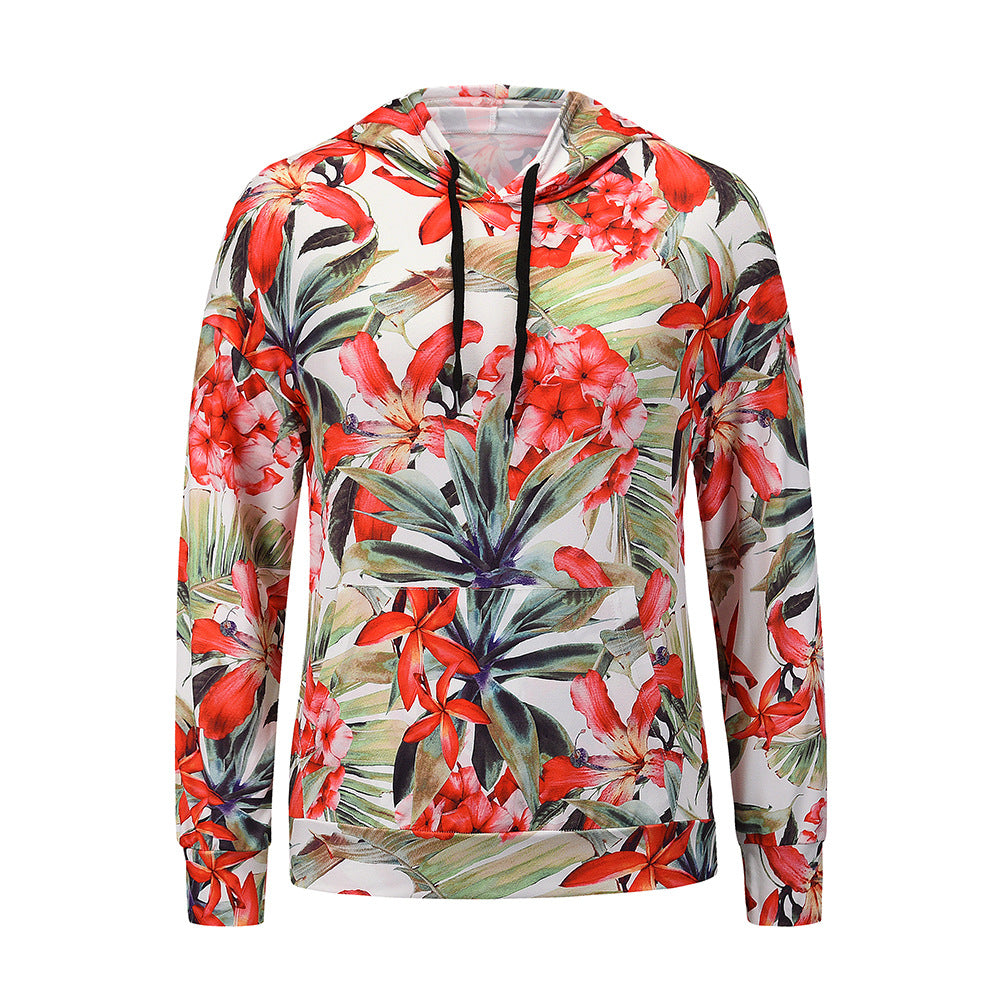 Ladies Hooded Long-sleeved Floral T-shirt