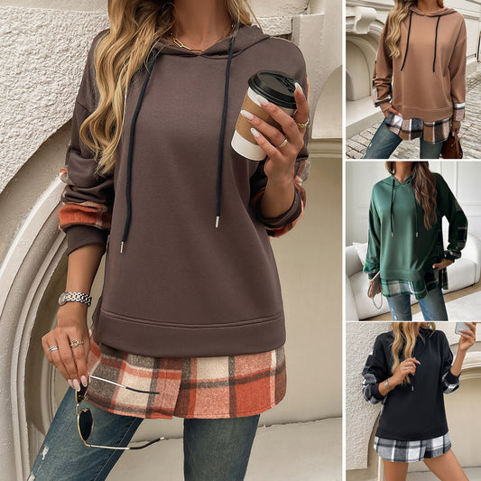 Women's Vintage Oversized Hoodie With Plaid Patchwork Sweatshirts