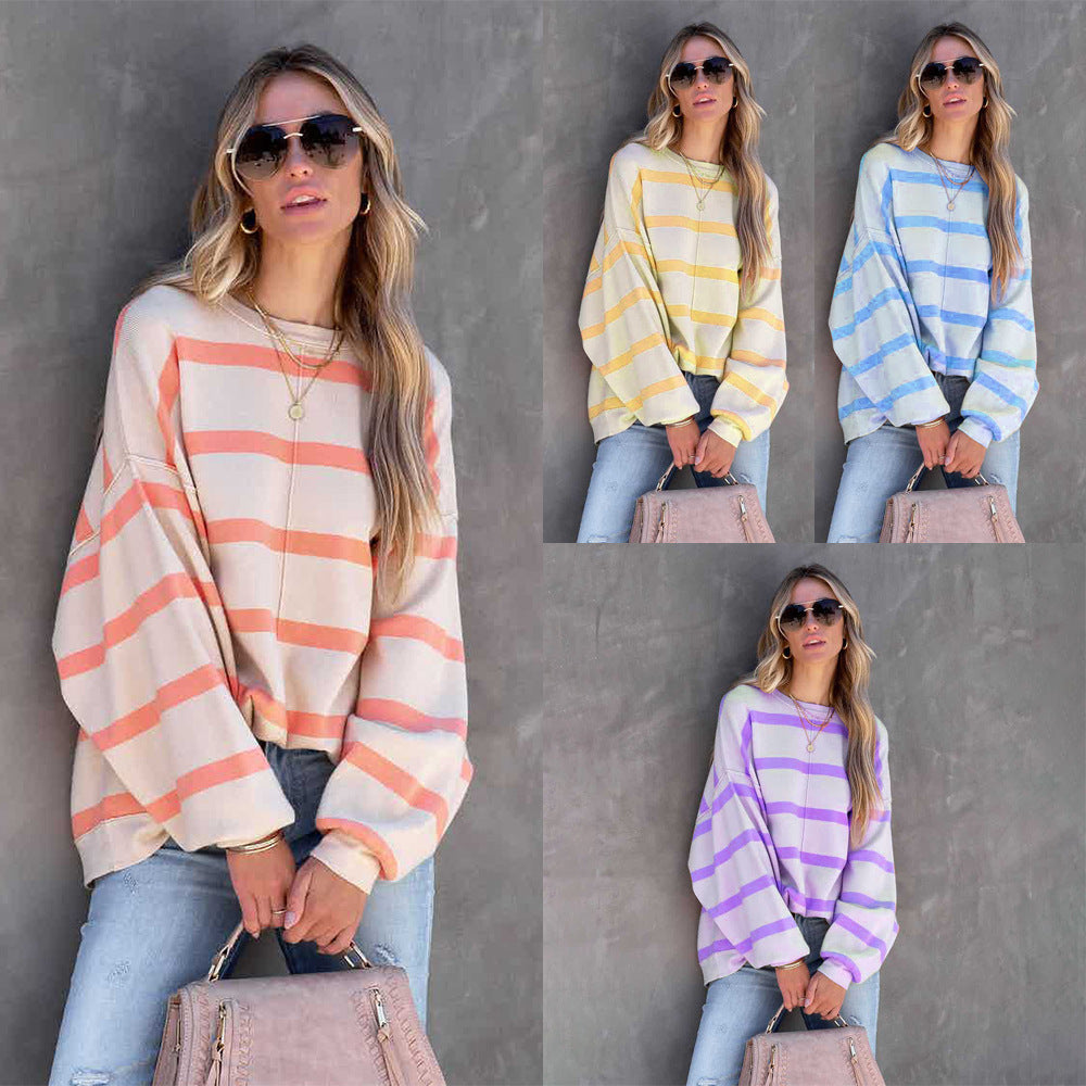 Women's Fashion Striped Printed Long Sleeve Casual Loose Top