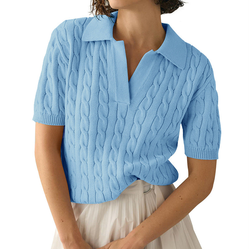 Women's Polo Collar Short-sleeved Knitted Sweater Pullover