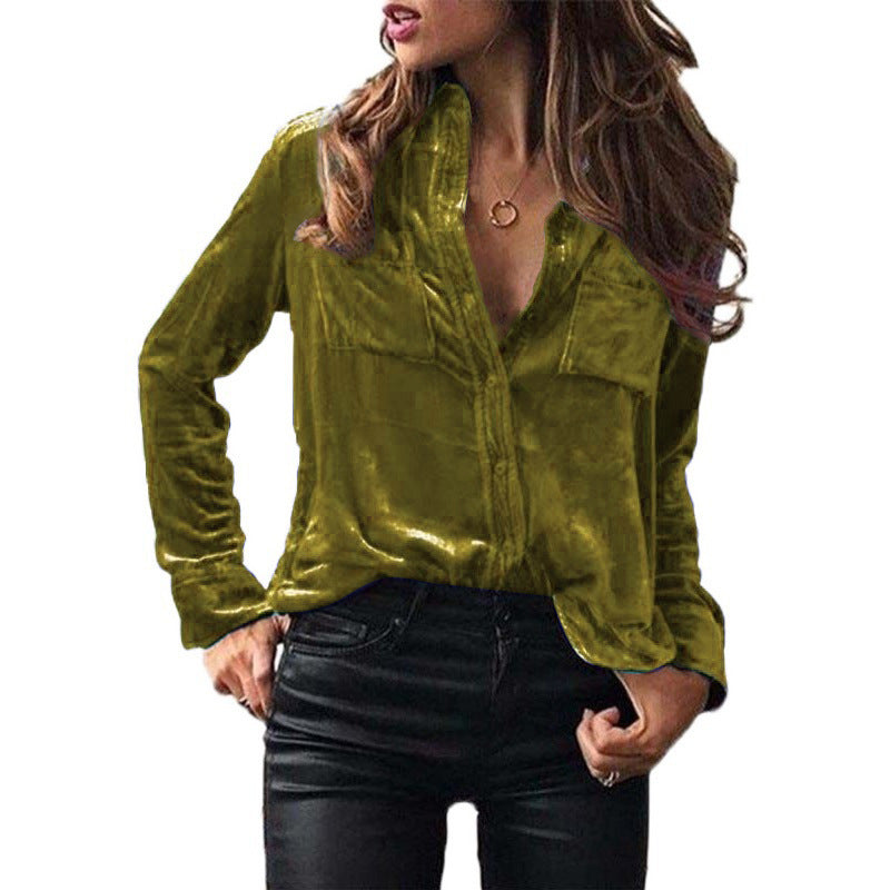 Long Sleeve Lapel Button Ladies Blouse