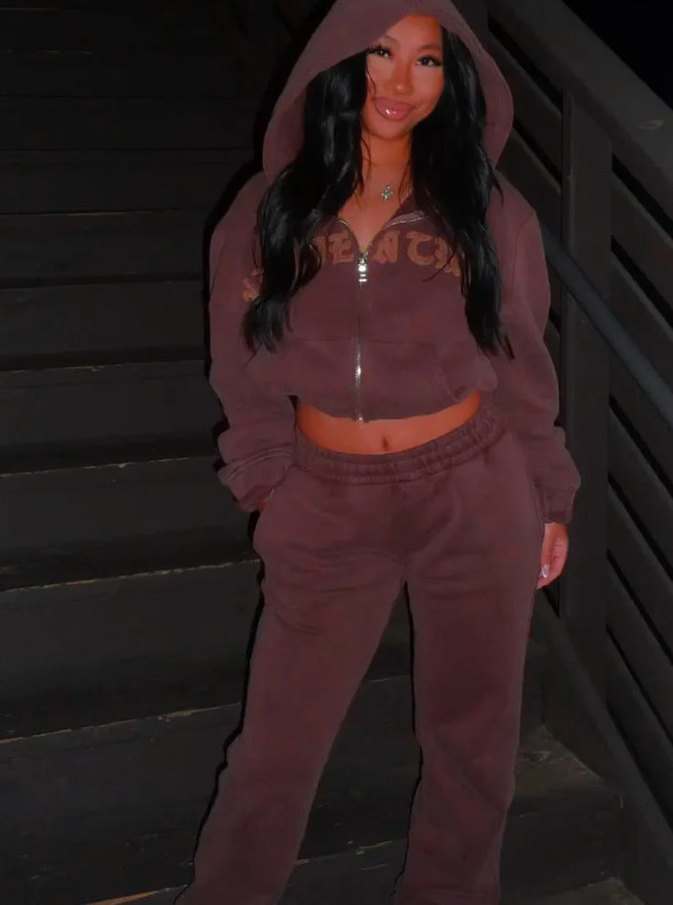 Ins Letter Sports Suit Zip-up Hooded Cropped Sweatshirt