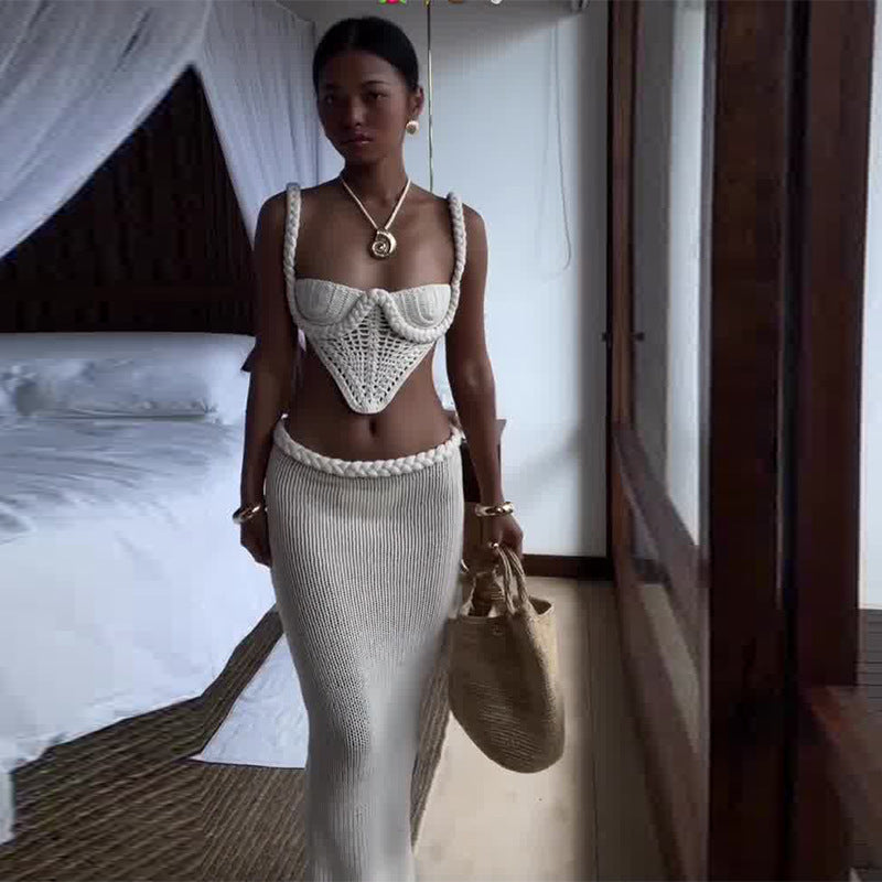 Crochet Knit 2 Piece Skirt Set Women's Square Collar