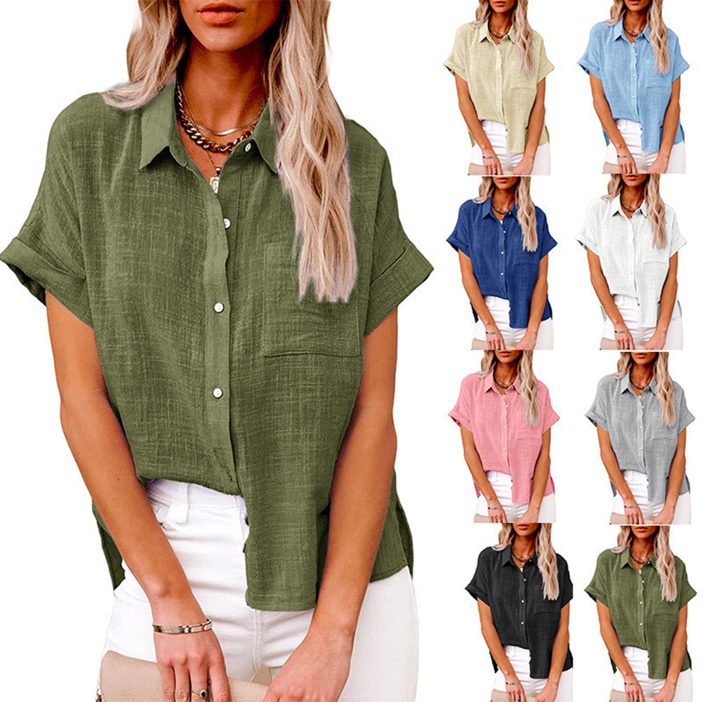 Summer Lapel Short Sleeve Shirt With Pockets Fashion