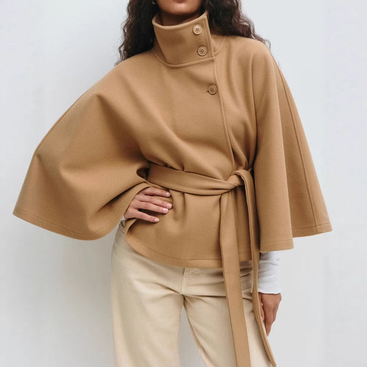 Winter High Neck Batwing Sleeve Coat With Belt Fashion