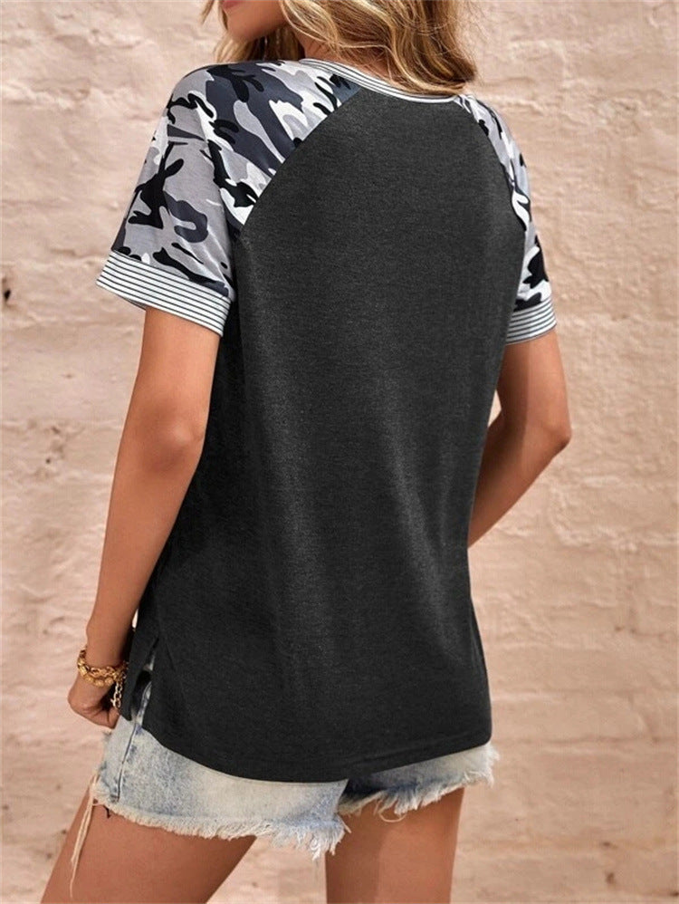 Printed Panel Striped Short Sleeve T-Shirt Top