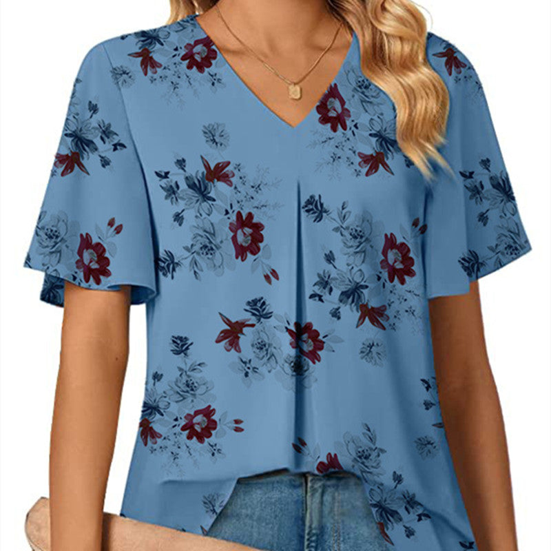 Women's V-neck Flower Print Short Sleeve