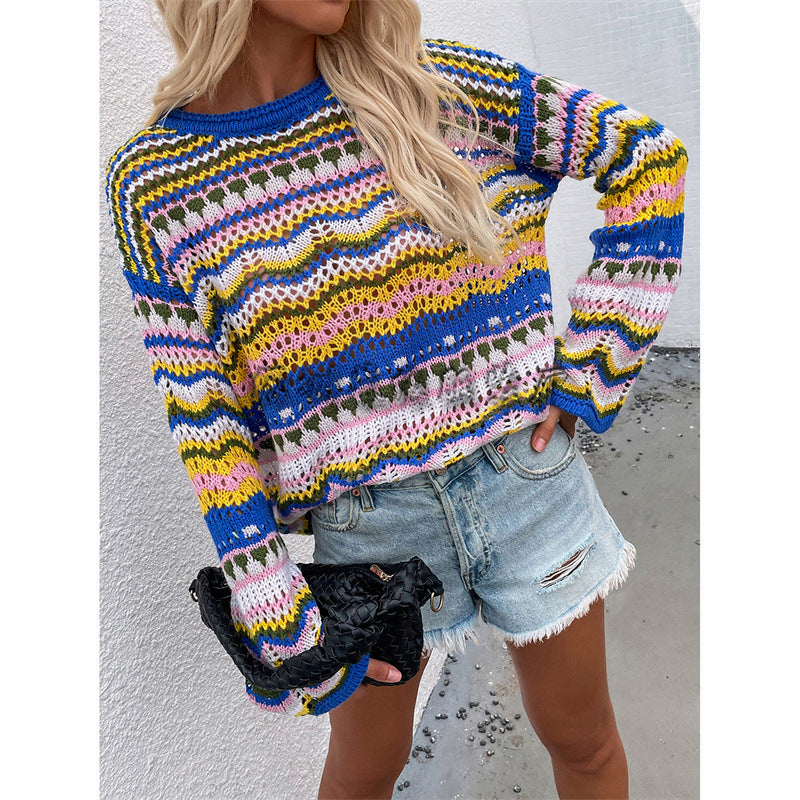 Stitching Sweater Loose Inter-color Rainbow Striped
