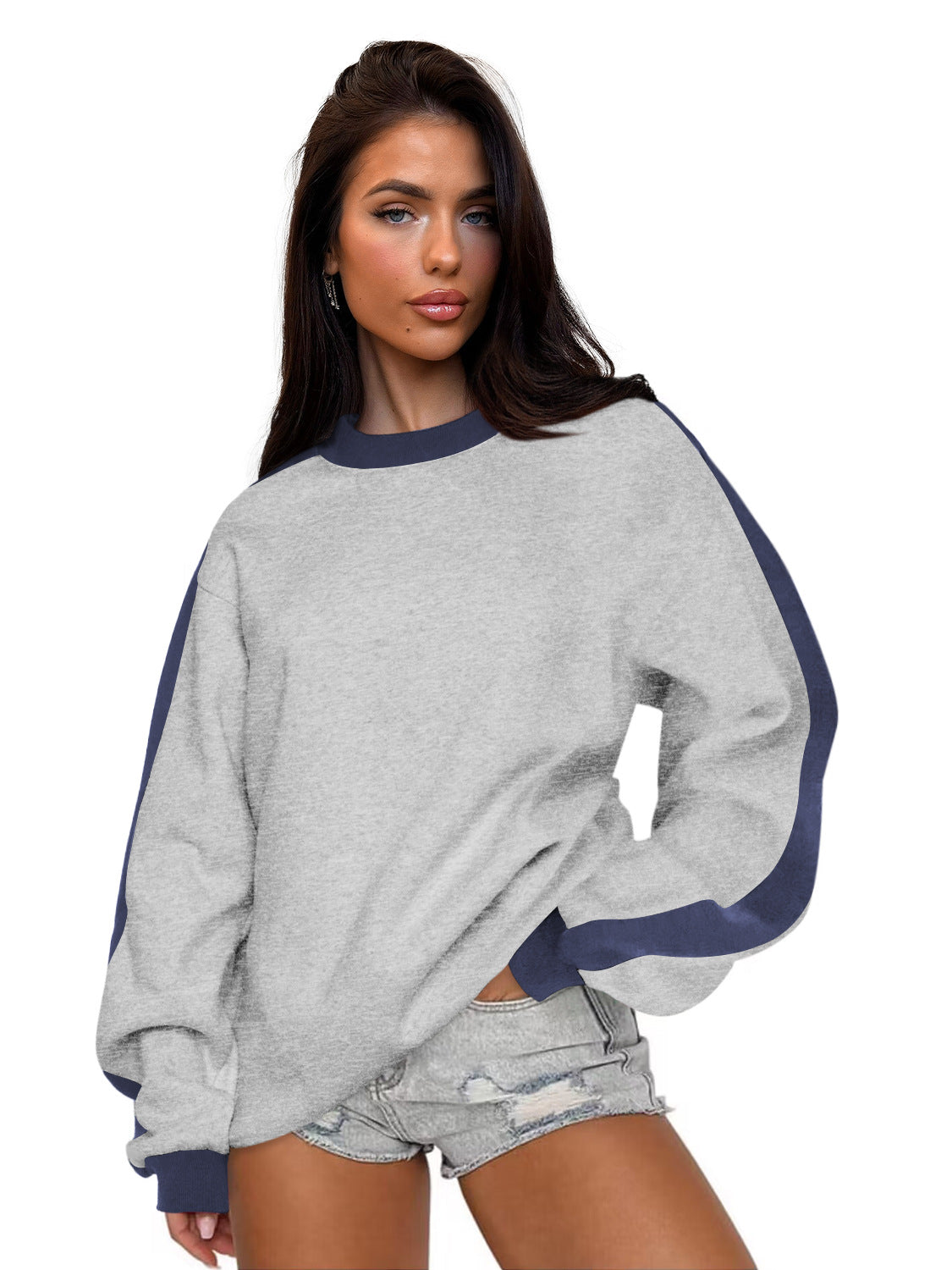Women's Contrast Color Round Neck Loose Sweater