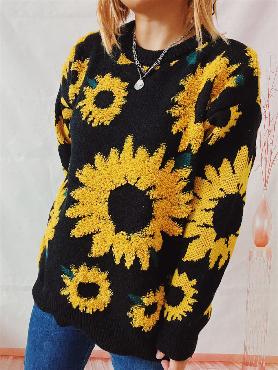 Women's Fashion Casual Sunflower Jacquard Sweater