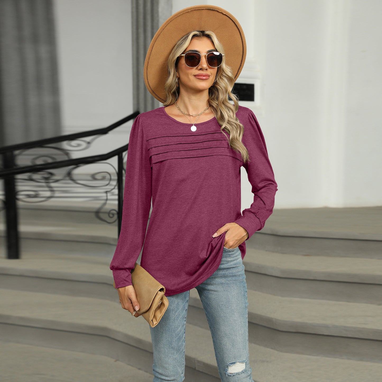 Solid Color U-neck Pleated Long-sleeved Top