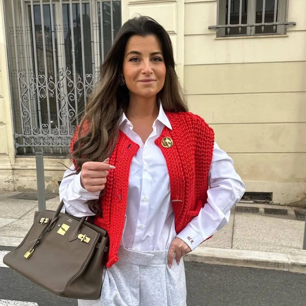 Women's Pocket Sleeveless Short Knitted Cardigan Vest Shirt