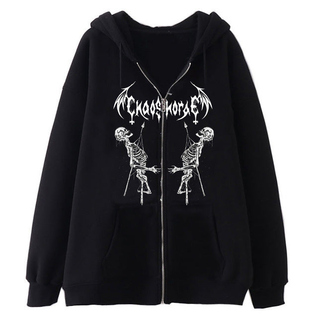 Dark Skull Skeleton Sweatshirt Metal Zipper Sweater