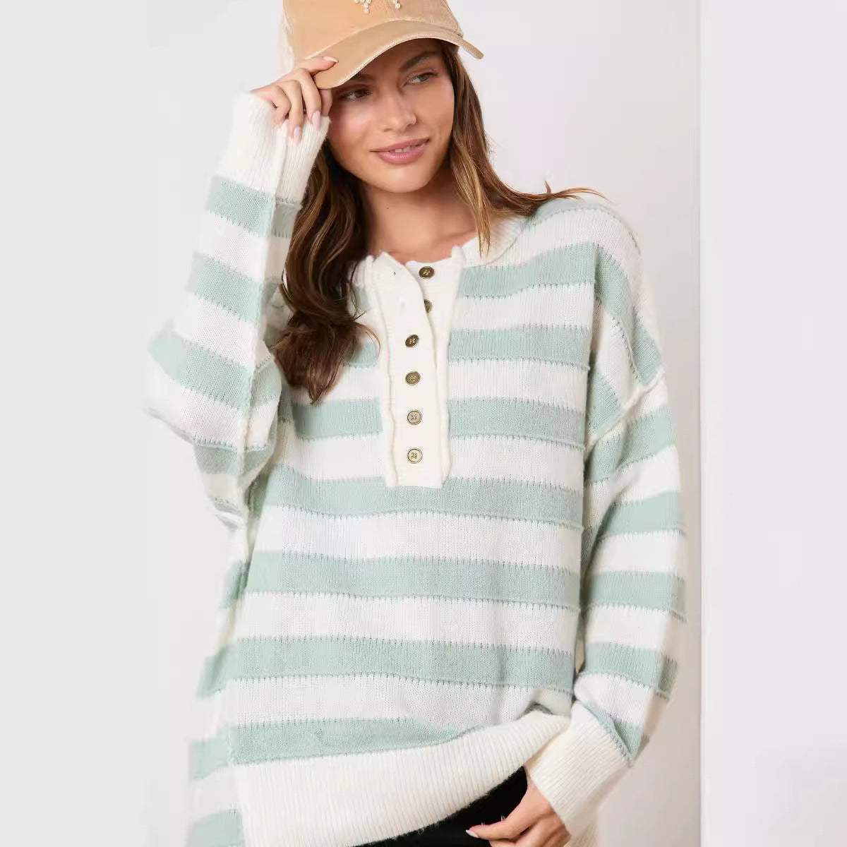 Loose Multicolor Knitted Sweater Long Sleeve Top