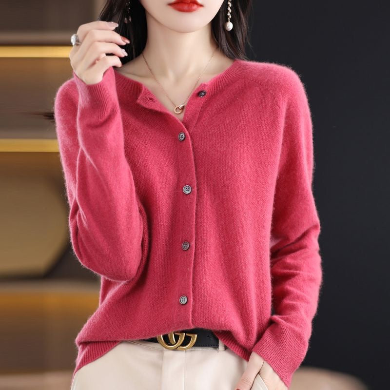 Fashion Merino Wool Cardigan Sweater Women O-Neck