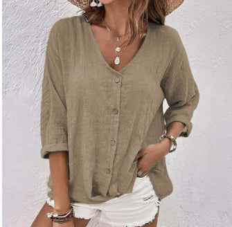 V-neck Long-sleeved T-shirt Fashion Solid Color