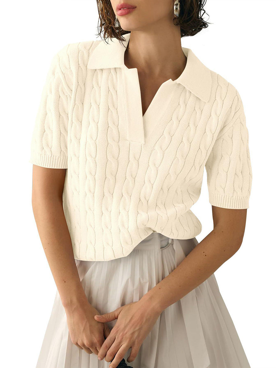 Women's Polo Collar Short-sleeved Knitted Sweater Pullover