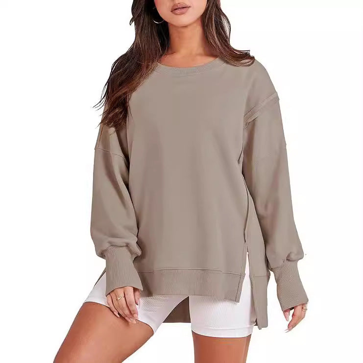 Round Neck Long Sleeve Hem Split Patchwork Sweater