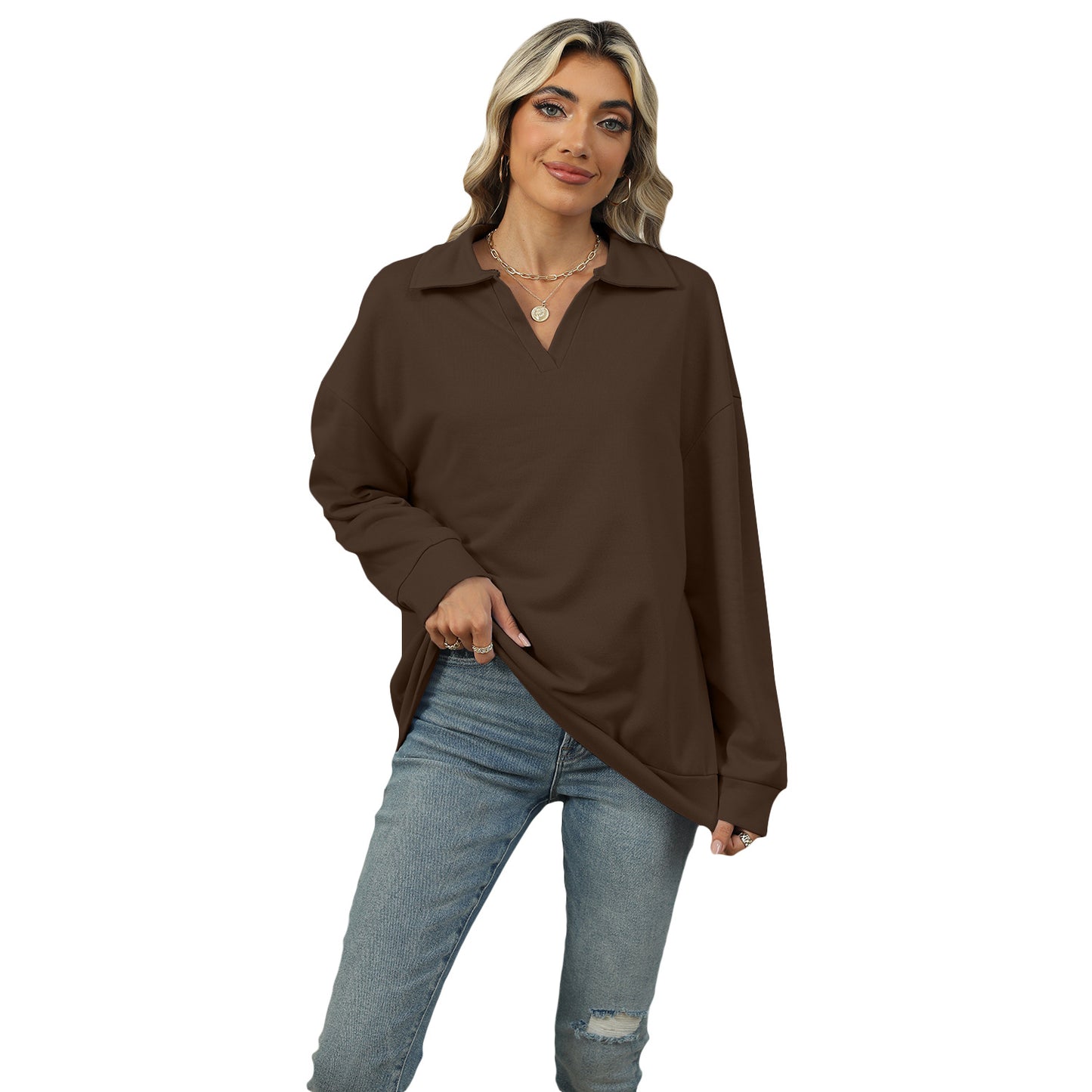 New Lapel V-neck Sweatshirt Fashion Casual Loose