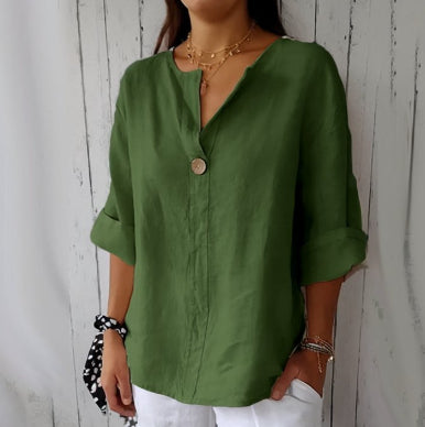 V-neck Long-sleeved T-shirt Fashion Loose Cotton And Linen