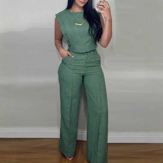Summer Sleeveless Suit Fashion Round Neck Vest Top And Pocket