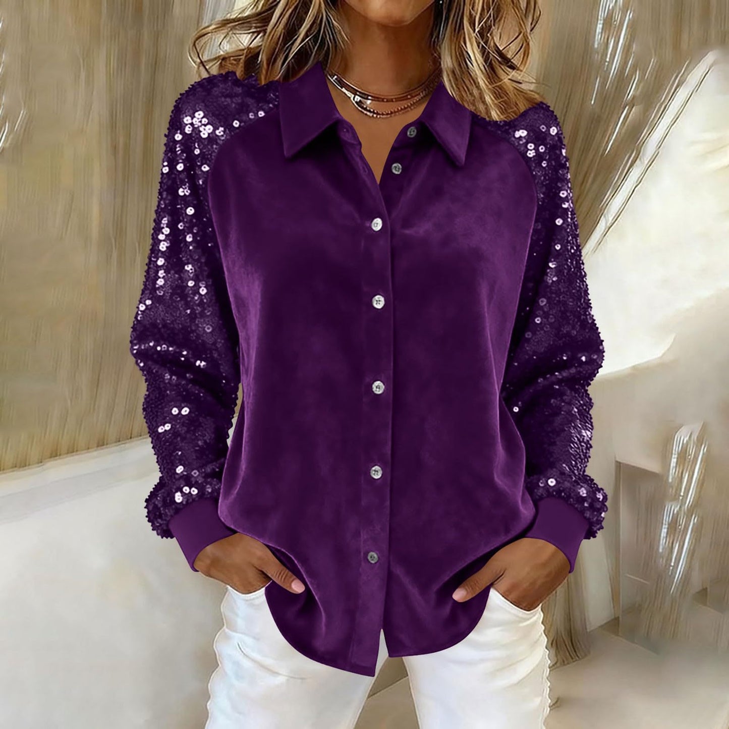 Women's Fashion Sequins Long Sleeve Blouses  Turn-down Collar