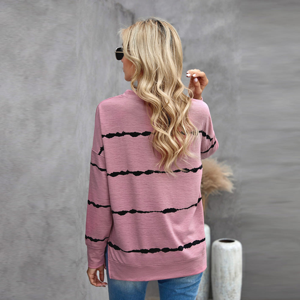 Women's Loose Long-Sleeved Hoodless Striped Printed Sweater