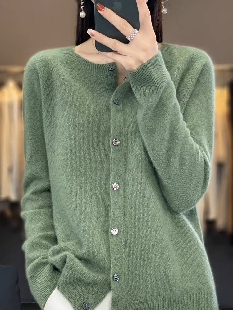 Fashion Merino Wool Cardigan Sweater Women O-Neck