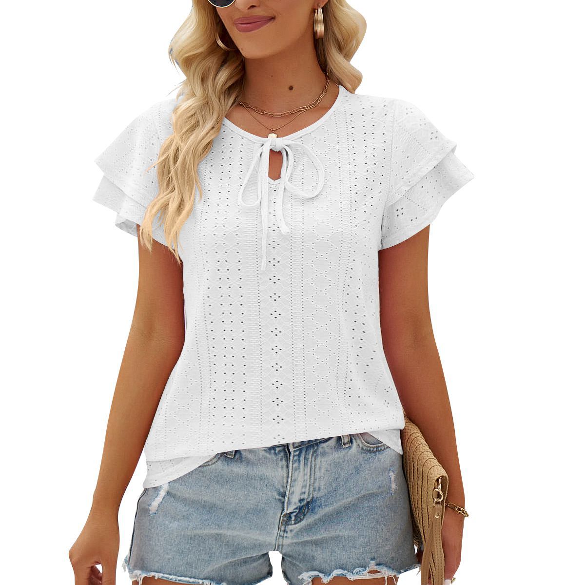 Women's Hole Hollow-out Lace-up Double-layer Sleeve Top