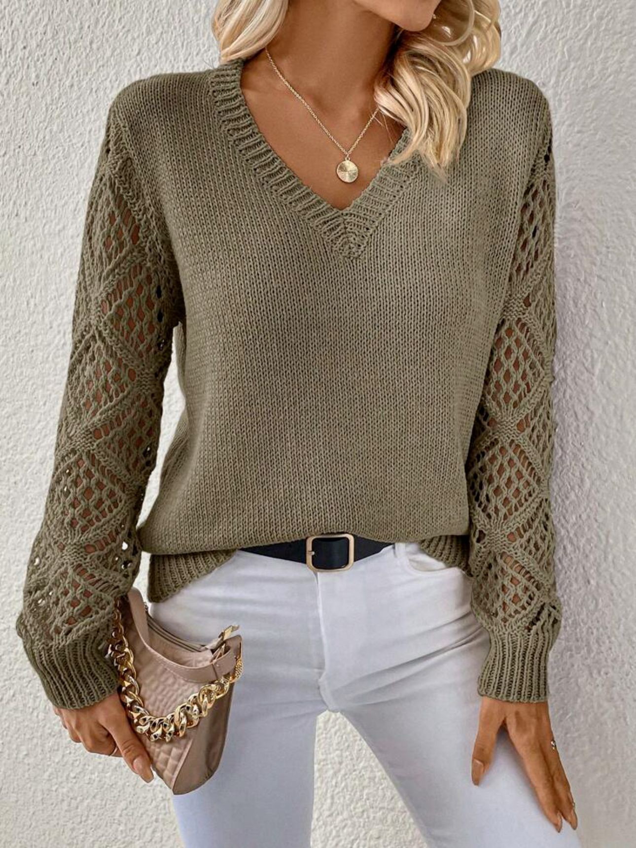Solid V-neck Pullover Sweater With Hollow Long Sleeve Fashion