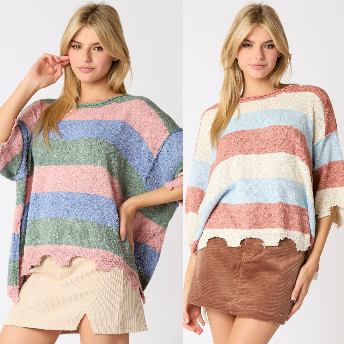 Women's Multi-color Stripe Contrast Color Short-sleeved