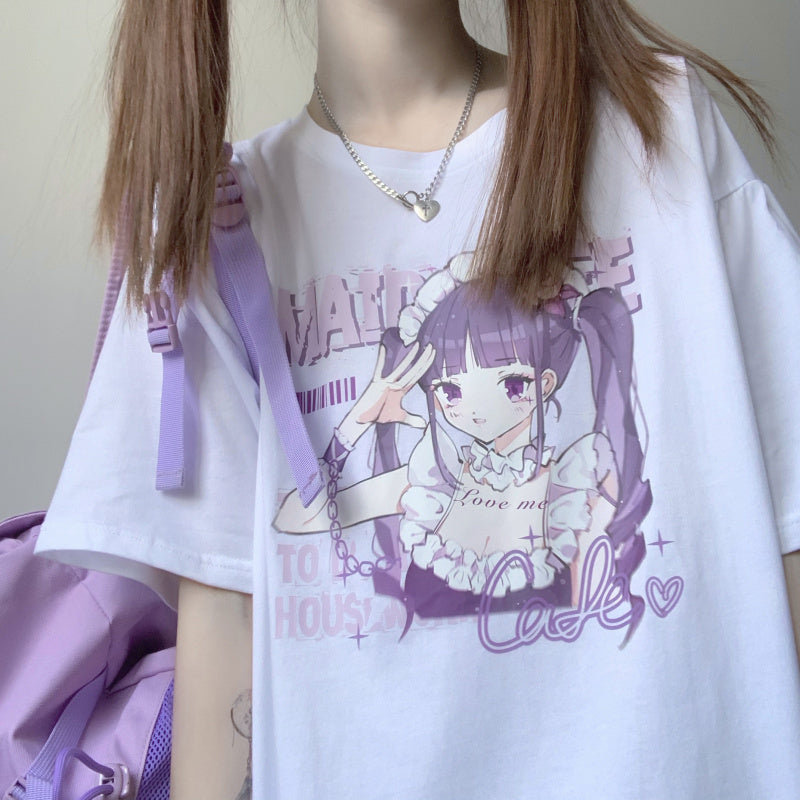 Anime Print White Short Sleeve T-Shirt Women