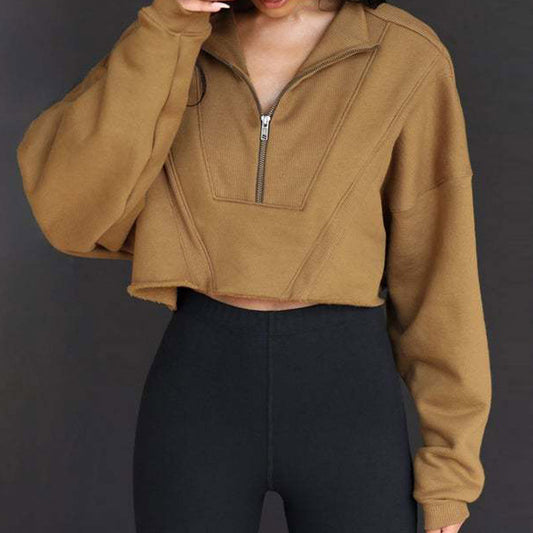 Half Loose Zip Sweater Women's Solid Color Short