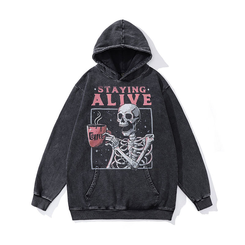 Punk Skull Print Heavy Distressed Hooded Sweater For Men