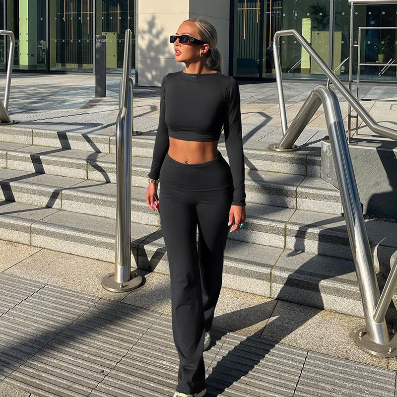 Sports Solid Color Round Neck Short Top Bootcut Trousers